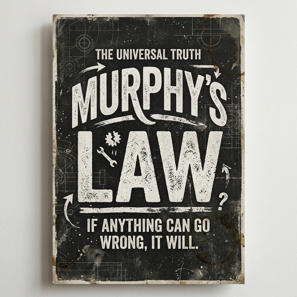 Sign reading 'The universal truth Murphy's law if anything can go wrong, it will' on a worn black background