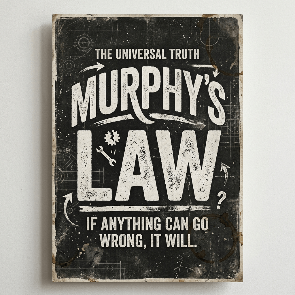 Sign reading 'The universal truth Murphy's law if anything can go wrong, it will' on a worn black background