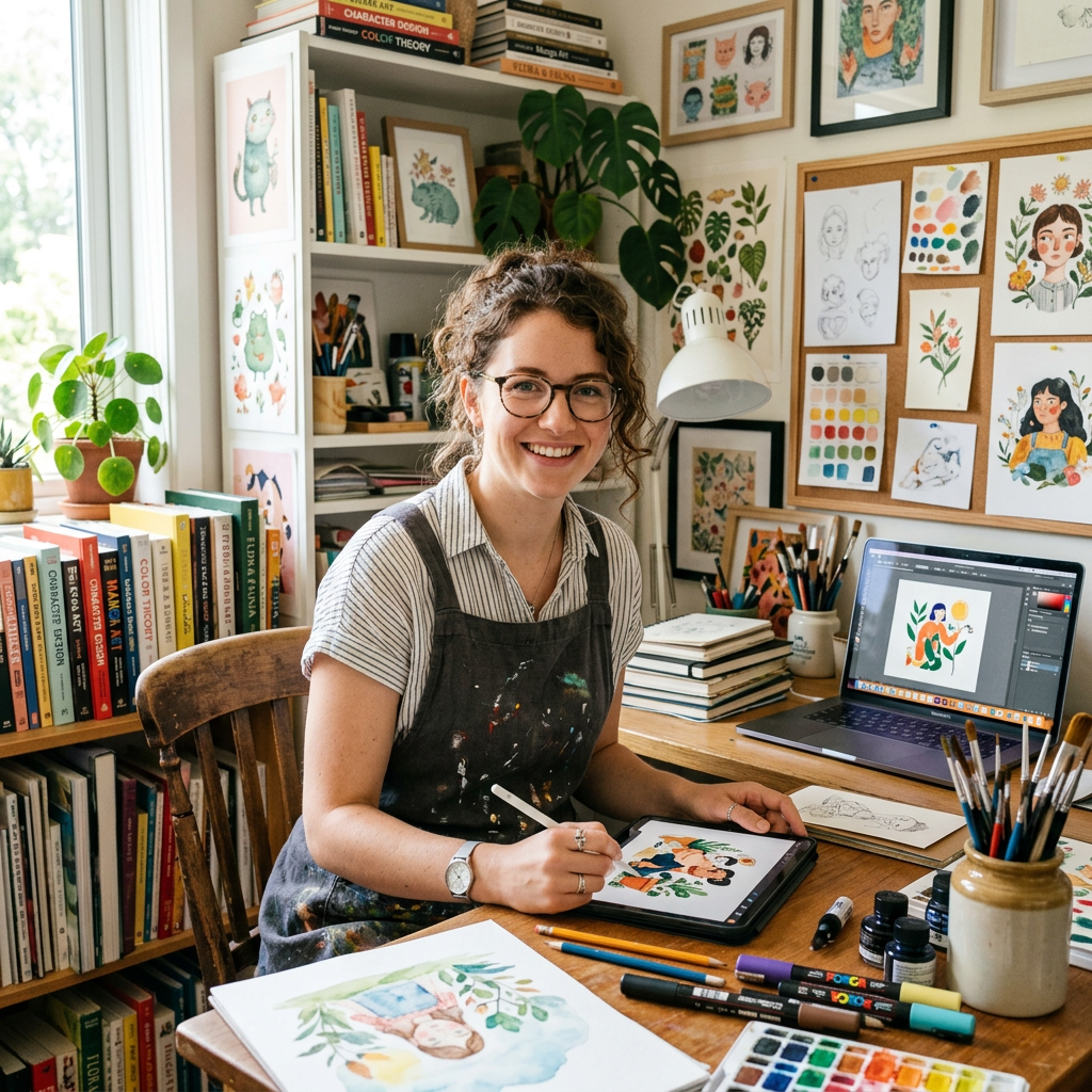 Smiling artist drawing on a tablet at a creative studio desk
