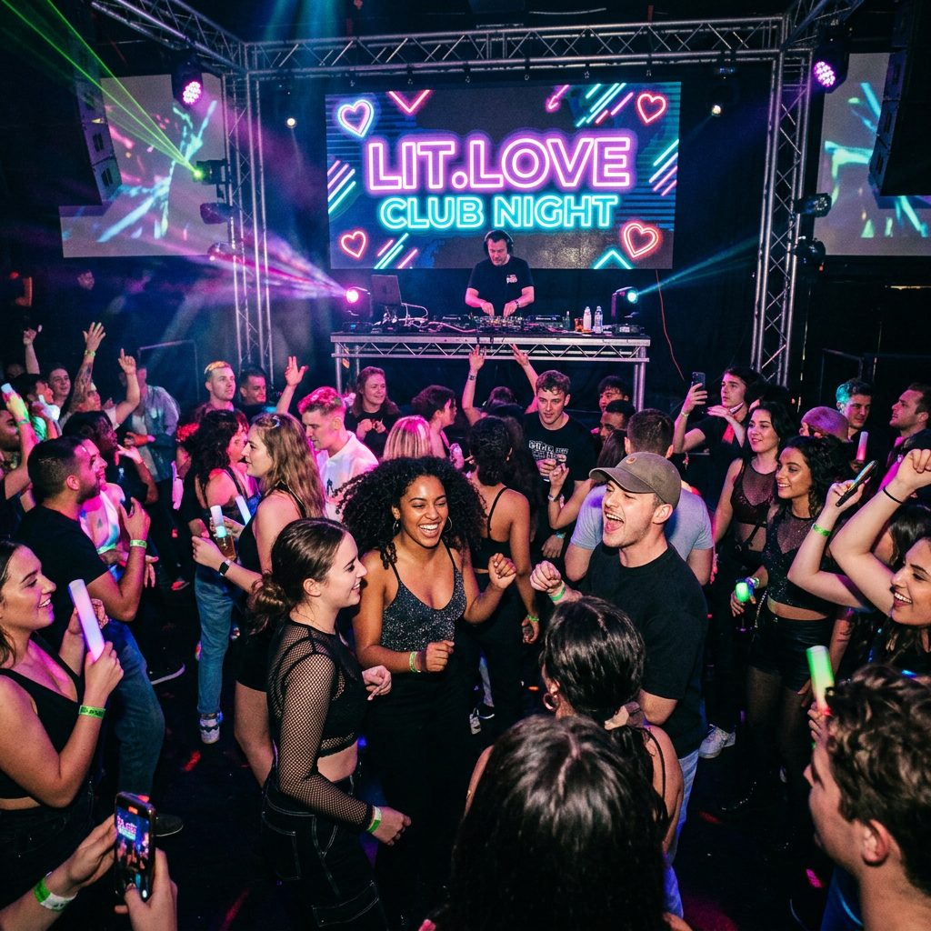 Crowded nightclub with DJ and screen reading Lit.Love Club Night