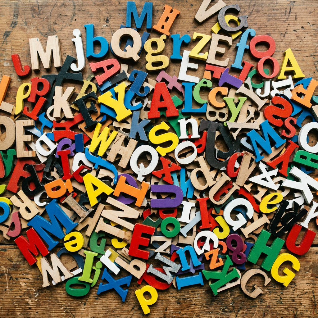 Colorful wooden alphabet letters scattered across a rustic wooden table