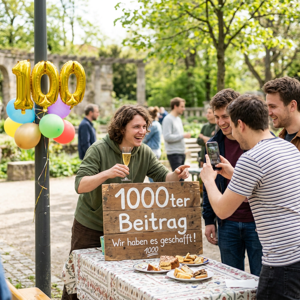 Friends celebrate beside balloons reading 100 and a sign reading “1000ter Beitrag Wir haben es geschafft! 1000”